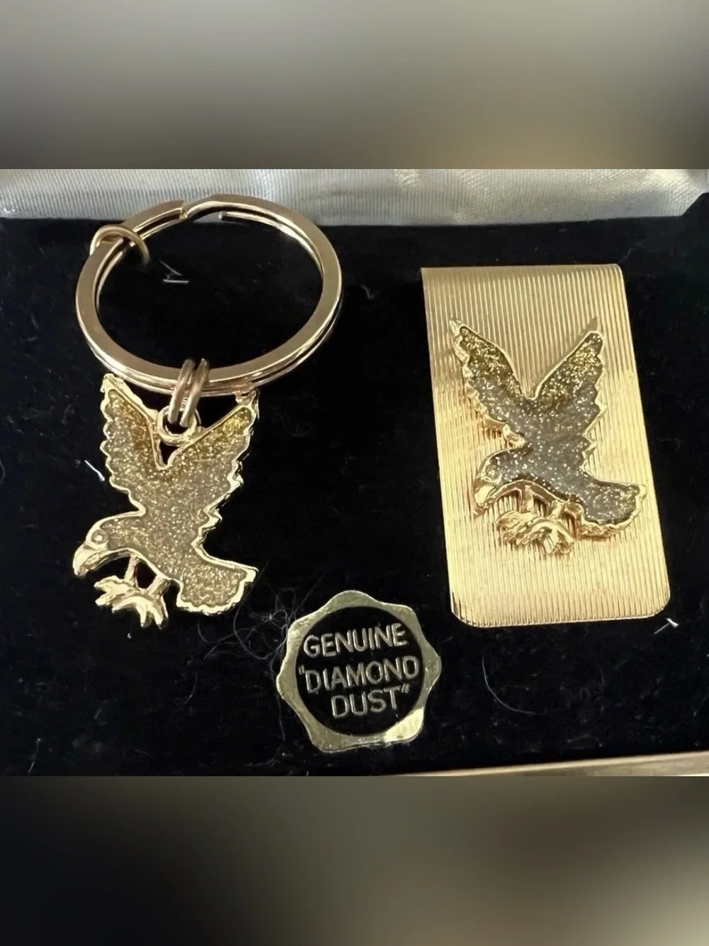 Vtg Eagle Keychain Money Clip Box Set Gold Tone Diamond Dust Patriotic American